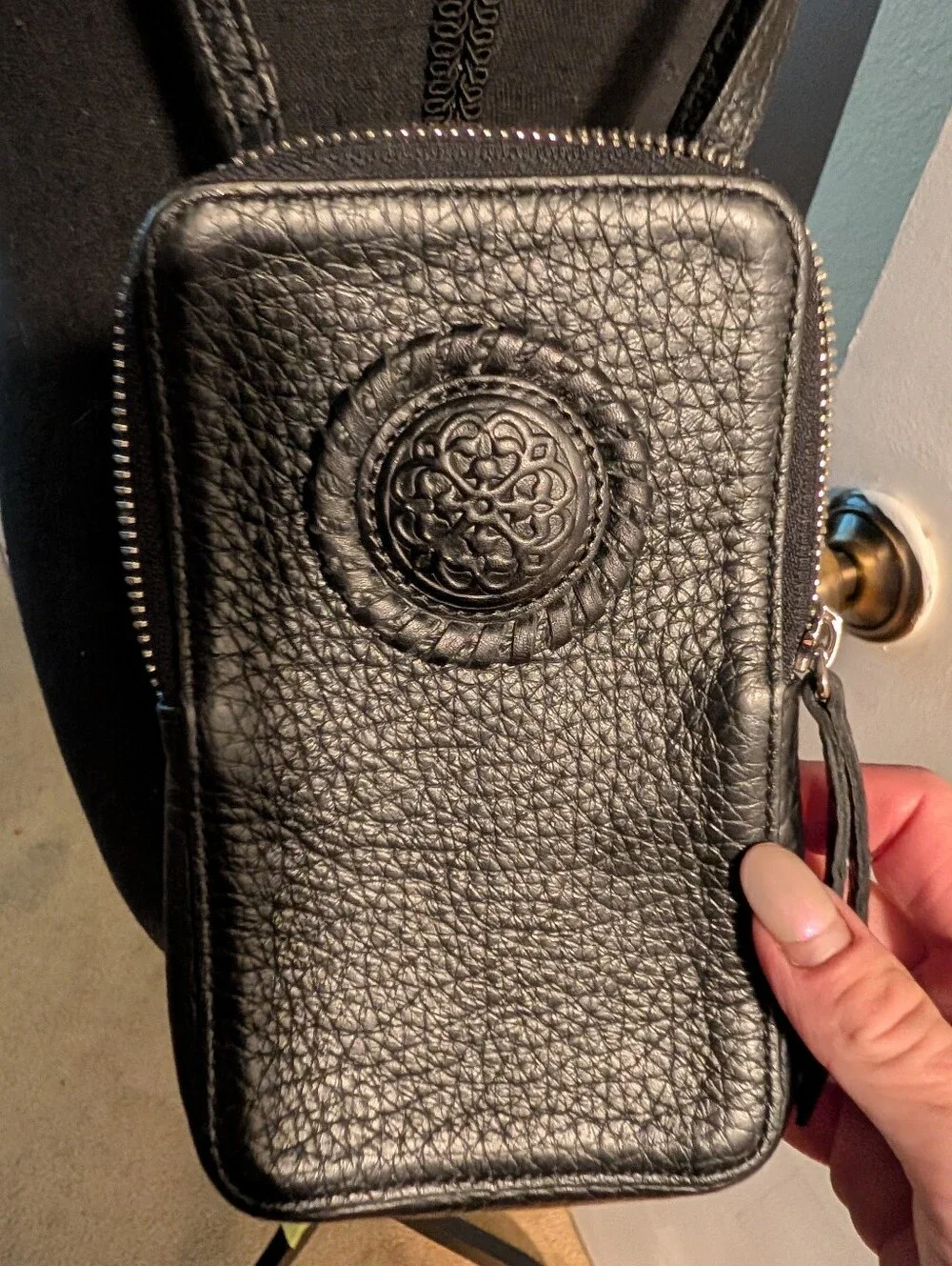 Brighton Black Leather Crossbody Phone Bag - Quilted Medallion Design